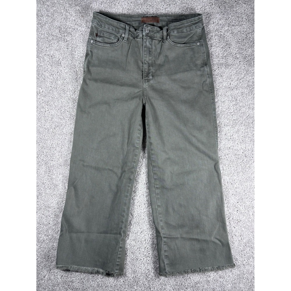 Judy Blue Los Angeles Olive Green‎ Crop Wide Leg Frayed Hem Jeans Size 15/32